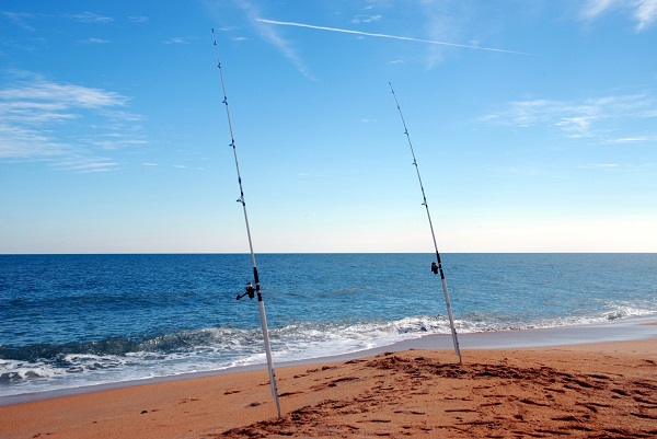 Two Different Kinds Of Fishing Rods Placed On The Beach.